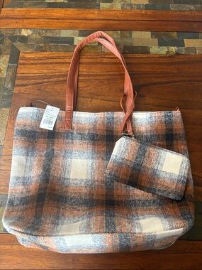 NWT Plaid Tote Crossbody Bag with Removable Pouch - Rust & Cream